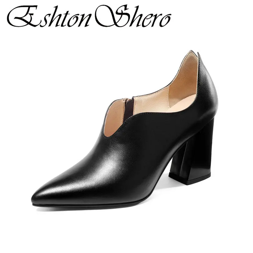 

EshtonShero Women Ankle Boots Shoes Woman High Heels Zipper Genuine Leather+PU Platform Concise Ladies Motorcycle Boot Size34-39