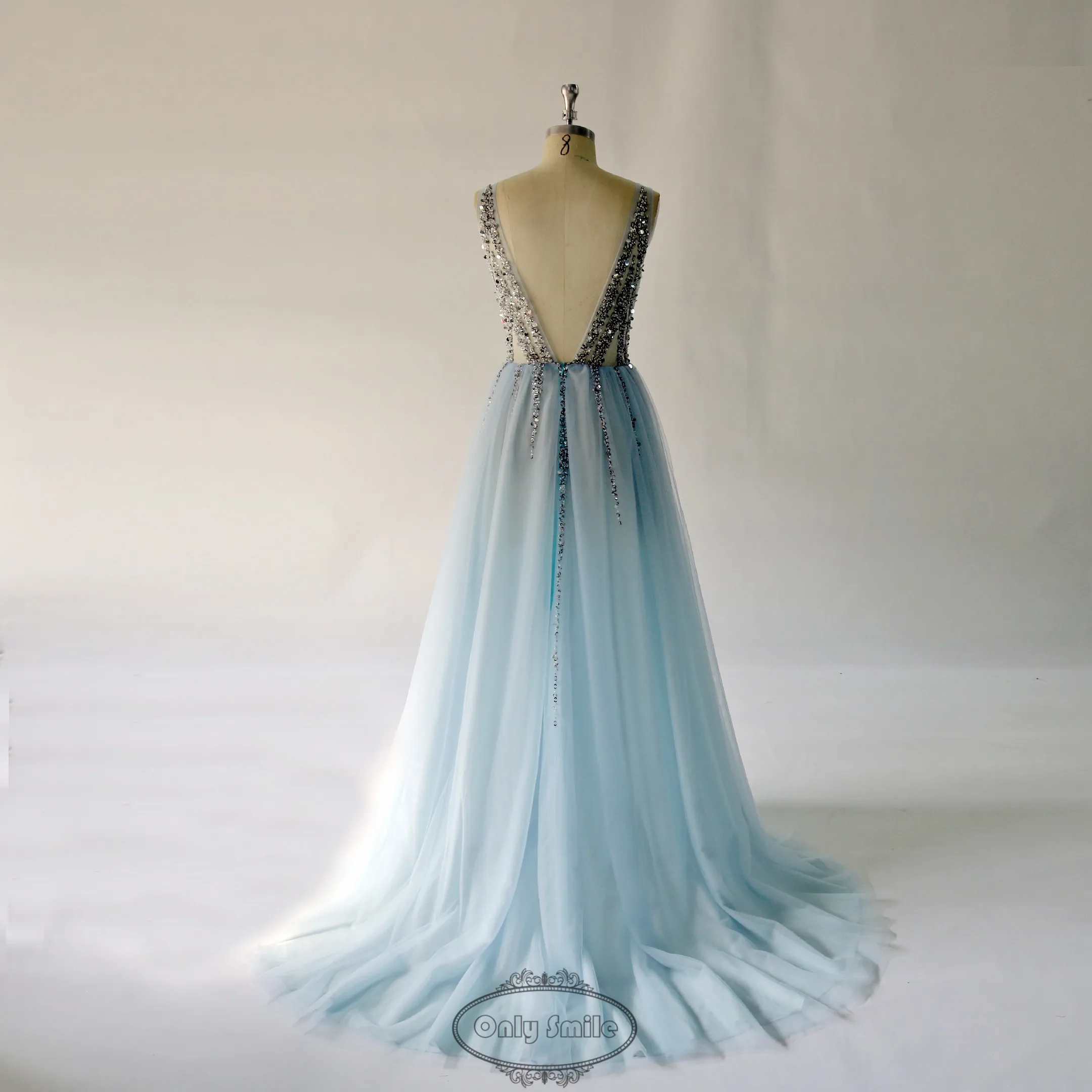 Sky Blue Celebrity Dresses selena gomez Sexy Backless Elegant See Through High Split celebrity evening dresses Vestido de Festa