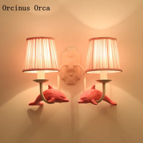 

European Pastoral pink Dolphin Wall Lamp girls'Bedroom Children's Room Lamp Cartoon Creative LED Small Fish Wall Lamp