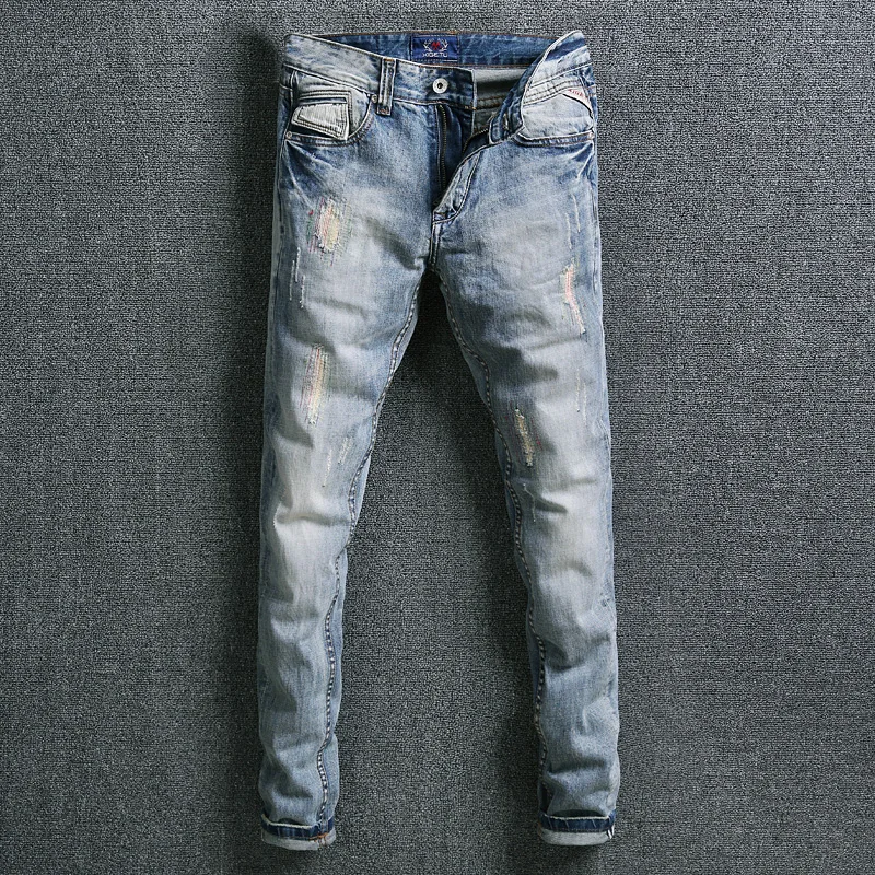 

Fashion Streetwear Men Jeans Light Blue Color Embroidery Designer Ripped Jeans Men Slim Fit Patchwork White Washed Hip Hop Jeans