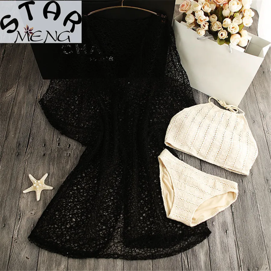 

STAR MENG sexy female swimsuit lace openwork beanwear small chest gather three pieces of bikini hot spring bathing suit
