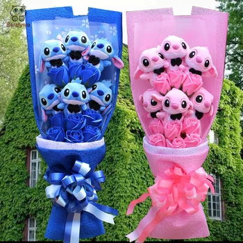 

BOLAFYNIA stitch Plush Toys soap flower bouquet Soft Stuffed Dolls Plush bouquets For Valentine's Day Birthday Christmas Gifts