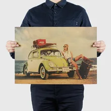Красота и старый автомобиль пляж/Ностальгический плакат/крафт-бумага/Бар плакат/Ретро плакат/декоративная живопись 51x35,5 см
