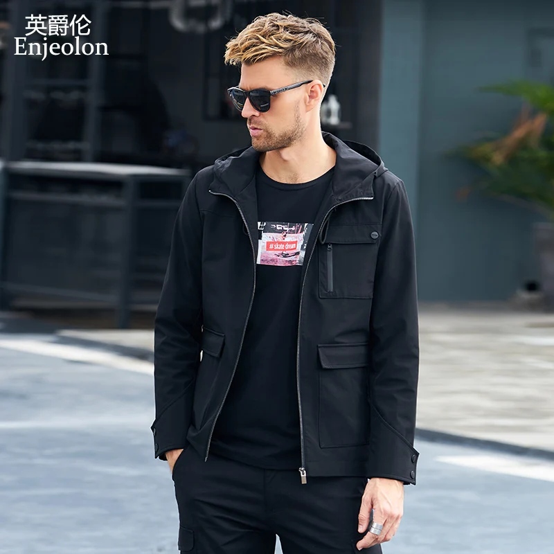 

Enjeolon brand hoodies Bomber jackets coat men fashion black solid Mens jcaket 3XL coats hooded collar jacket caot JK0903