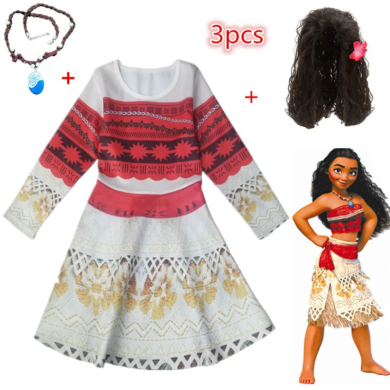 

2019 New Baby girl clothes Cosplay Princess dress Moana Children Vaiana Girls Party Wedding dresses with Necklace wig Costumes