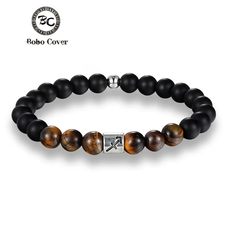 

12 Zodiac Signs 8mm Tiger eye Stone Beads Bracelets Vintage Constellation Horoscope Elastic Bracelets For Men Women Jewelry