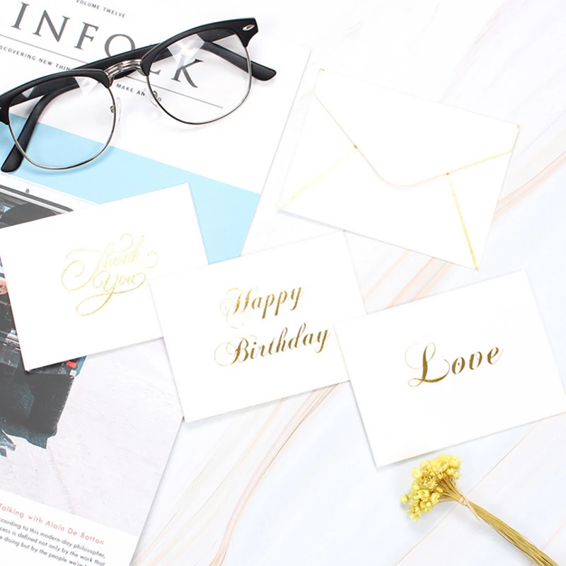 

5Pcs/lot Gold plating Handwriting White Simple Party Greeting Card/Thank you Leave a Message Paper Cards Wedding Love/Home