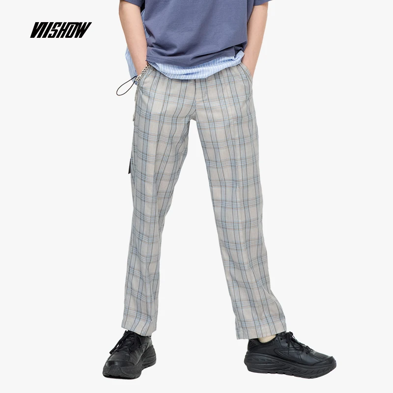 VIISHOW MenPant Plaid  Casual Slim Fit  Homme Classic Vintage Check Suit Trousers Pants Gray Casual Plaid Men KC1345192