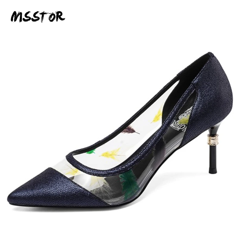 

MSSTOR Mixed Colors Ladies High Heels Plus Size Stiletto Heels Shallow Transparent Slip-Op Autumn Spring Shoes Women 2019 Sexy