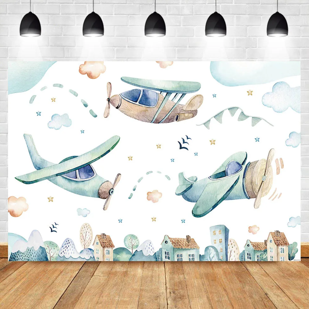 

Neoback Photo Background Vintage Airplane Toy Adventure Photography Backdrops Blue Sky White Clouds Booth Backdrop Photo Studio