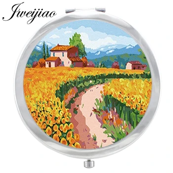

JWEIJIAO Paintings landscape Makeup Mirror Beautiful flower Image Floding Round compact Hand pocket Mirror Magnif espejo