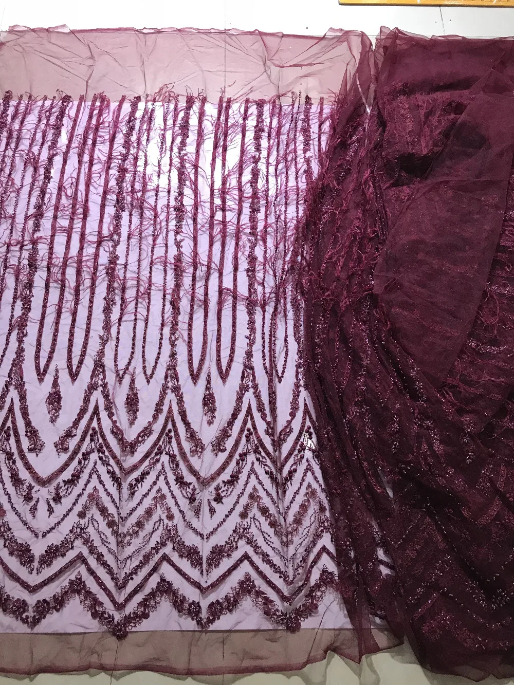Burgundy French Nigerian Laces Fabrics with beaded feather Tulle