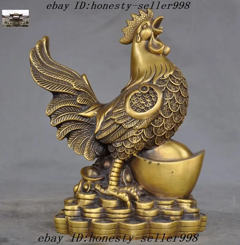 

China Brass Fengshui Animal Yuanbao Money Coins Wealth lucky cock rooster Statue