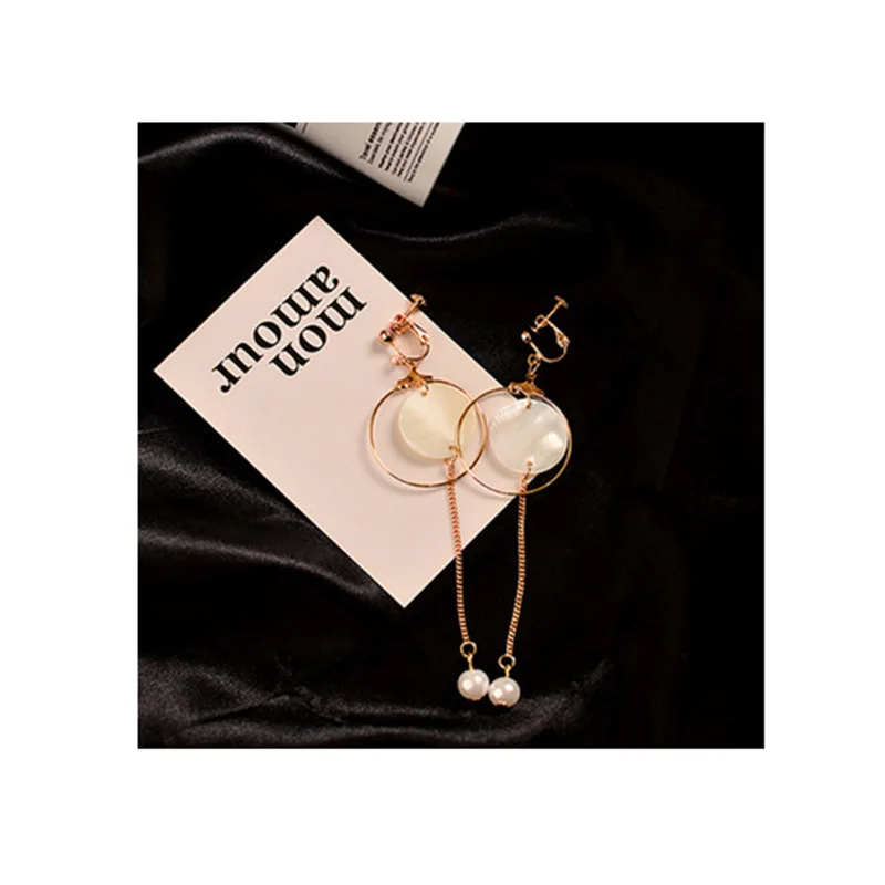 

Grace Jun Top Quality Handmade Natrual Stone Shell Long Tassl Clip on Earrings Wihtout Piercing for Girl's Earrings Korea Style