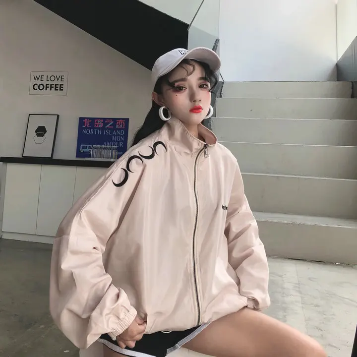 

Korean Hip Hop Streetwear Summer Sun Cover Up Embroidery Moon Letter Oversized Jacket Thin Windbreaker Raincoat Material Coat