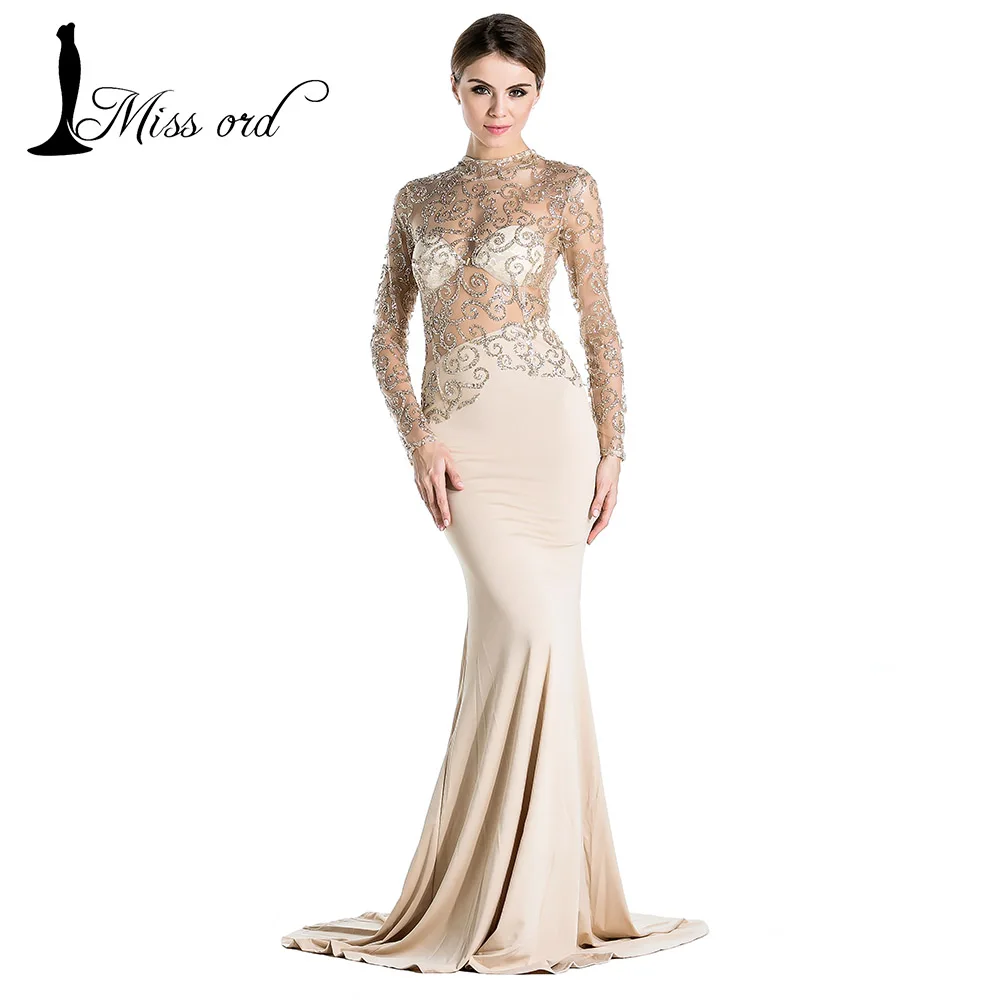  Free Shipping Missord 2016 sexy long dress see through high-necked long-sleeved bodycon maxi dress FT2537-2 