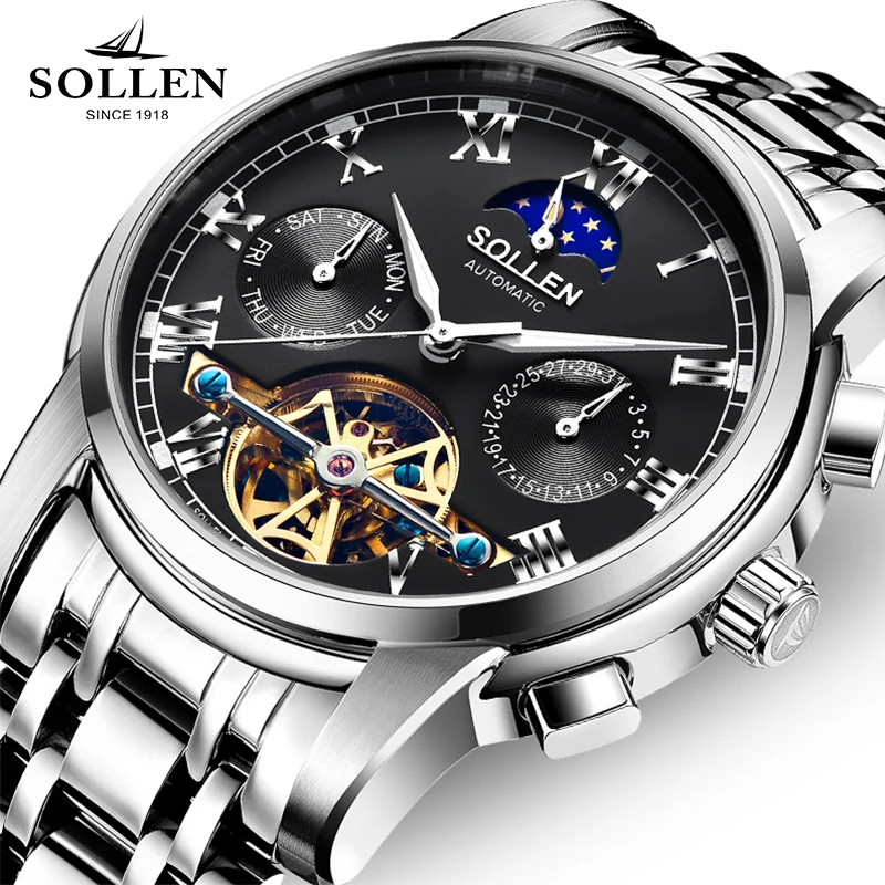 Luxury Brand SOLLEN Mechanical font b Watch b font Men Multi functional Moon Phase font b