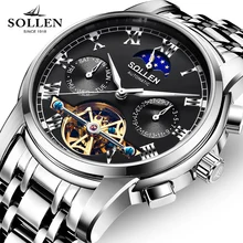 Luxury Brand SOLLEN Mechanical Watch Men Multi-functional Moon Phase Watches Tourbillon Stainless Steel Wristwatch Reloj Hombre