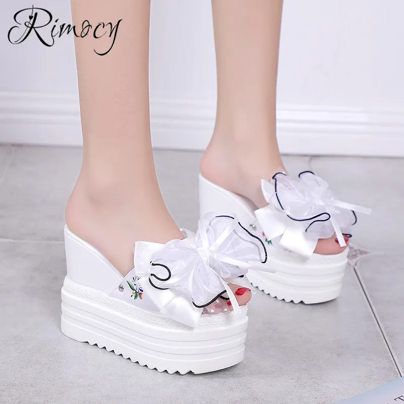 

Rimocy thick bottom slippers ladies new fashion bowtie riband summer open toe shoes woman high platform height increasing slides