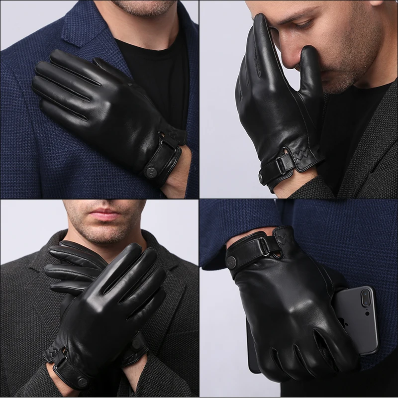 NEW Genuine Leather Gloves Male Winter Keep Warm Plush Lined Sheepskin Gloves Fashion Black Wrist Buckle Driving Mittens NM182