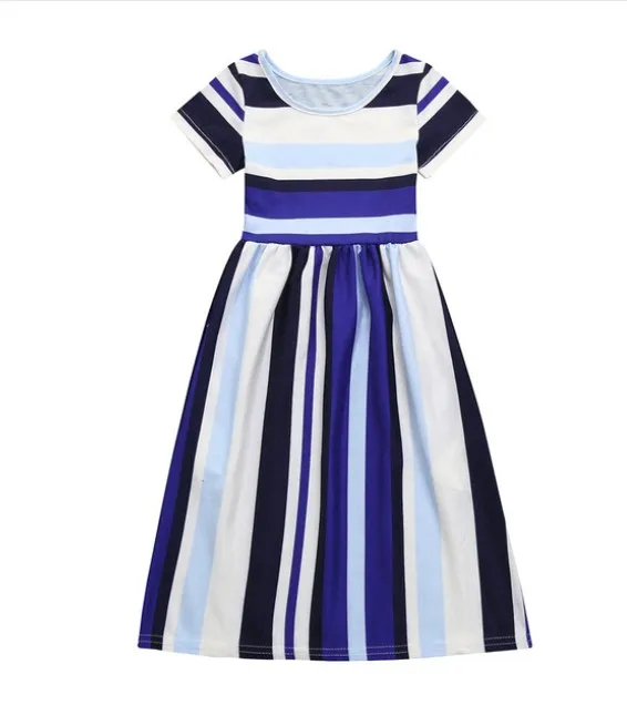 

Children's clothing children's color striped print round neck short-sleeved waist dress long skirt