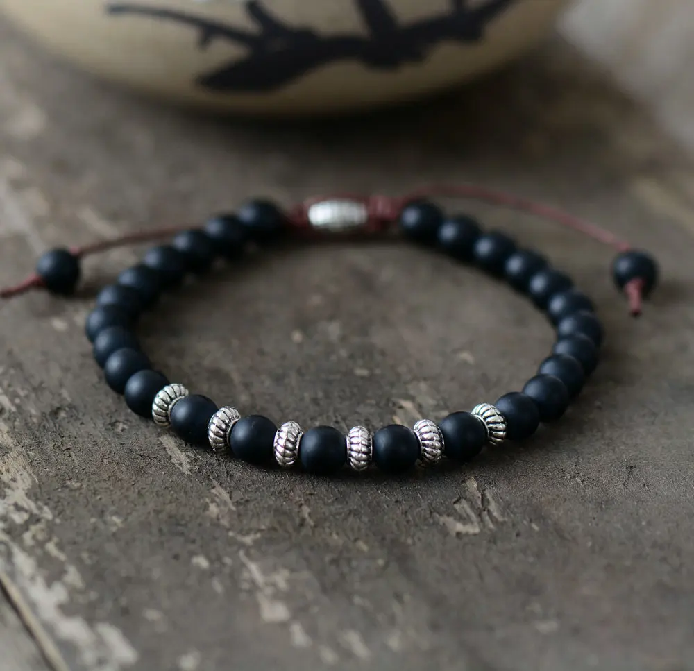Boho Bracelet Mens Beaded Bracelet 6mm Matte Black Onyx Antique Charm