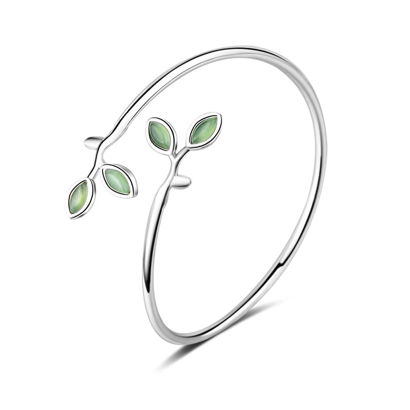 

XIYANIKE 925 Sterling Sliver Simple Fashion Green Leaves Opals Bracelets Clothing Accessories Resizable Bangle For Women Gift