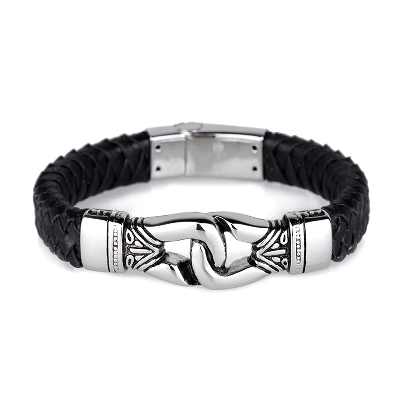 

12.5mm Wide Mens Charm Bracelet Heavy Duty Steel Braided Black Leather Jewelry Accosseries Byzantine Style Wristband pulseira