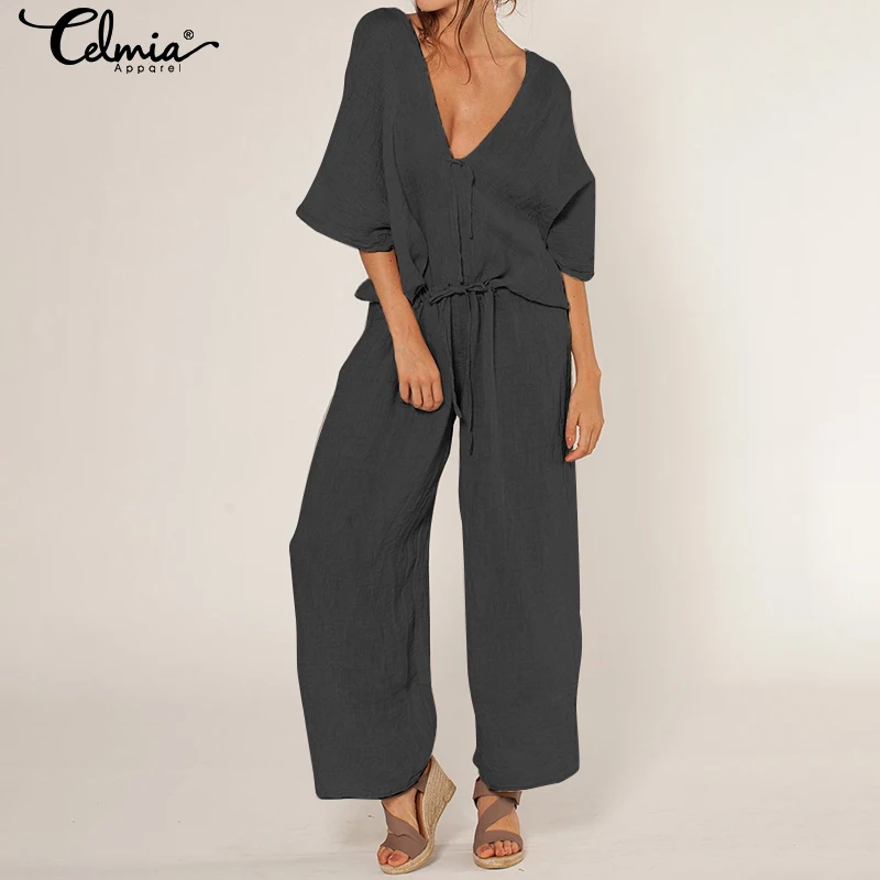 

Celmia Women Jumpsuits 2019 Summer Sexy V-neck Office Work Wide Leg Pant Elegant Rompers Casual Loose Lace Up Overalls Plus Size