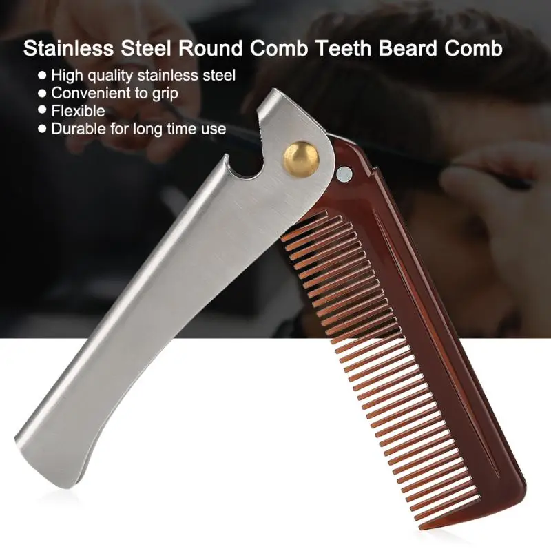 Stainless Steel Round Comb Teeth Beard Comb Folding Pocket Moustache