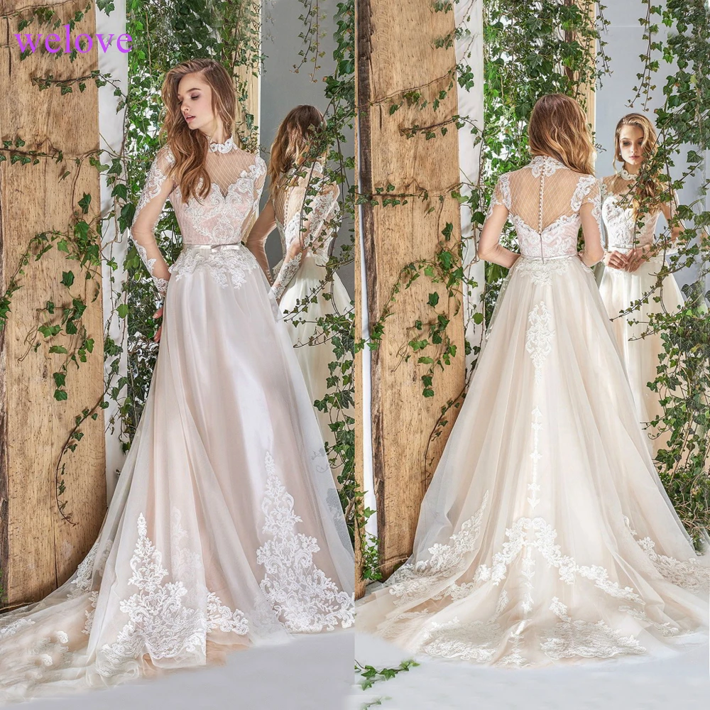 Vestido De Noiva Винтаж Роскошная свадебная одежда A-Line 2019 Новое поступление совок шеи аппликации кружевное свадебное платье Robe de marie