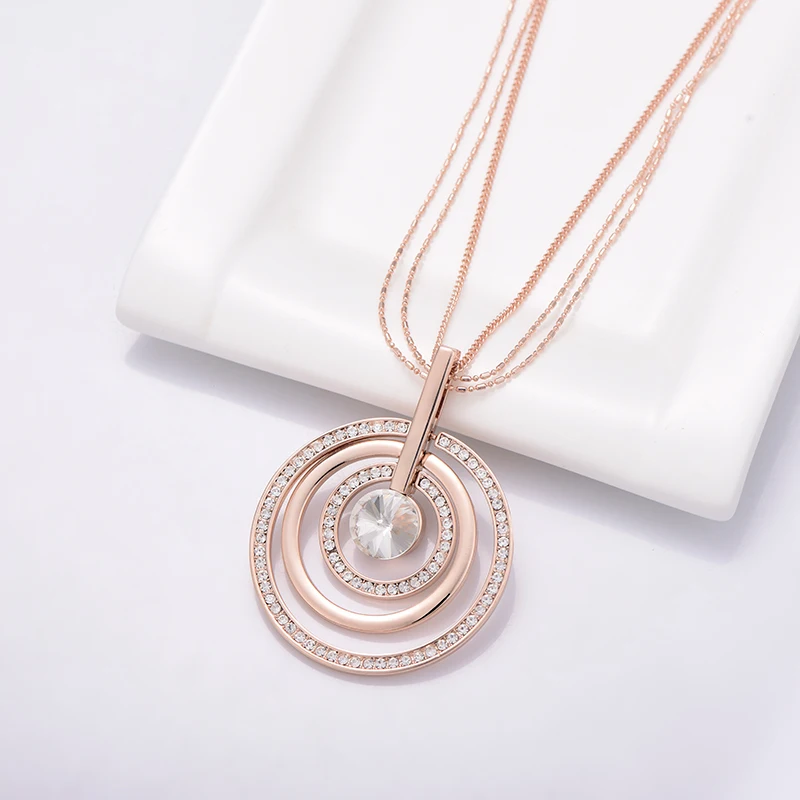 Круглая кристалльная Подвеска Ожерелье для женщин розовое золото серебро цвет многослойные цепи Элегантное Длинное Ожерелье Kolye модные ювелирные изделия