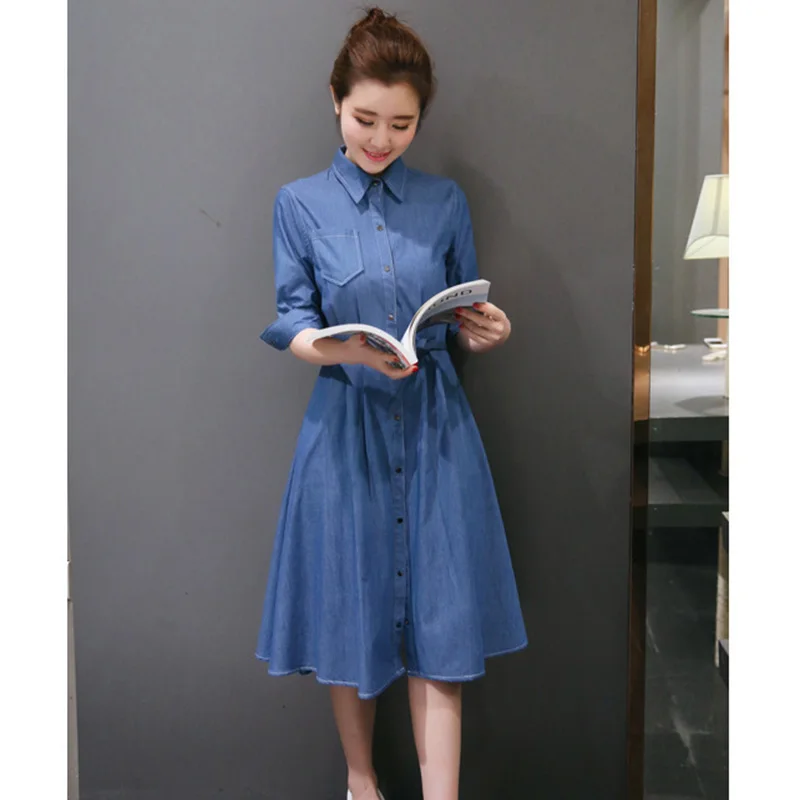 Women's clothing solid color half-sleeved belt slim denim shirt dress ladies fashion casual long section jeans dress (11)