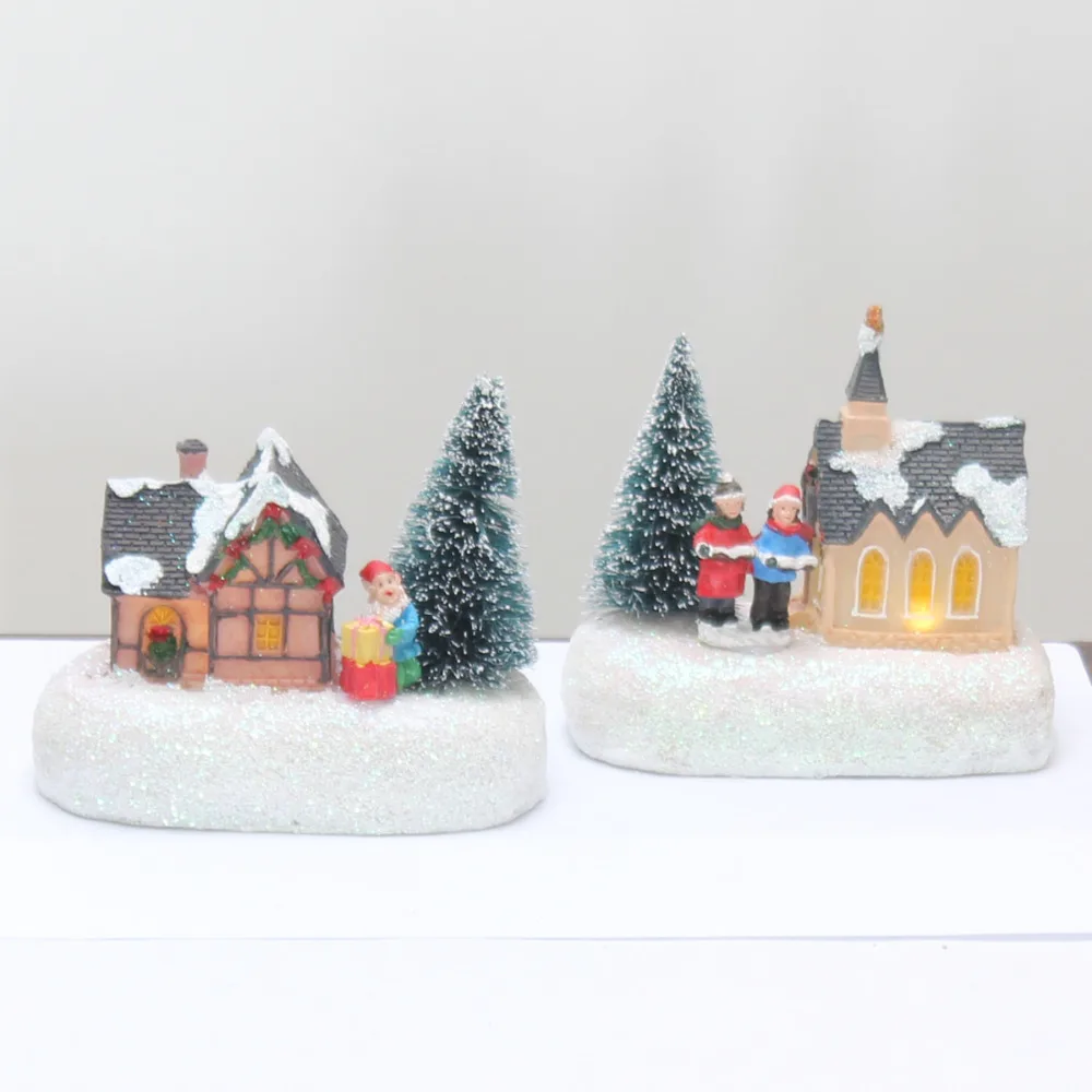 Рождественская традиционная фигурка орнамент дом деревенская елка Санта и хоры светодиодный светильник Декор(рождественский кукольный дом набор из 2