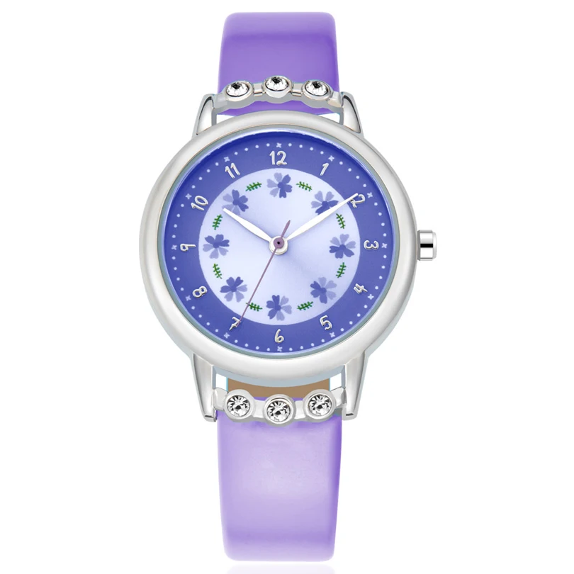 KEZZI детский брендовый стразы цветок наручные часы девушке подарок аналоговые наручные часы с кожаным ремешком с рисунками героев мультфильмов для школьников; кварцевые часы, мужские часы, часы для мужчин - Цвет: purple