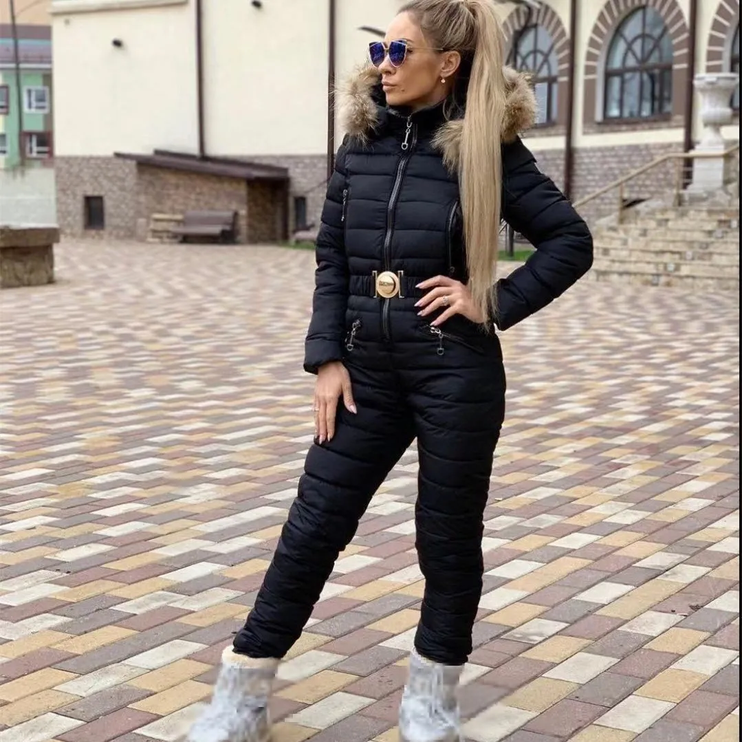 New Winter Hooded Jumpsuits Parka Fashion Padded Warm Sashes Ski Suit Zipper One Piece Women Casual Jumpsuits New Winter Hooded Jumpsuits Parka Fashion Padded Warm Sashes Ski Suit Zipper One Piece Women Casual Jumpsuits