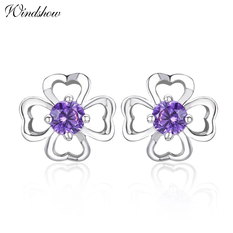 

925 Sterling Silver Heart Cut Clover Purple CZ Stud Earrings For Women Girls Children Girls Kids Jewelry Orecchini Aros Aretes