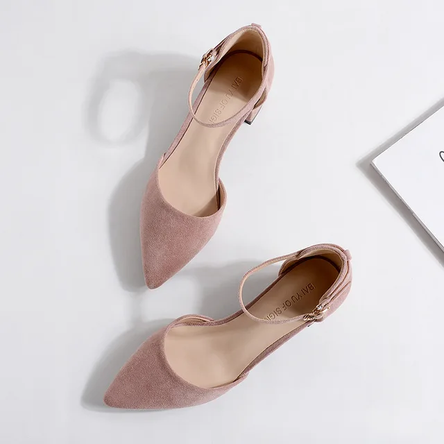 women pumps Word buckle Hollow Suede Single shoes Thick with Pointed Toe High heels women shoes Pink 4CM