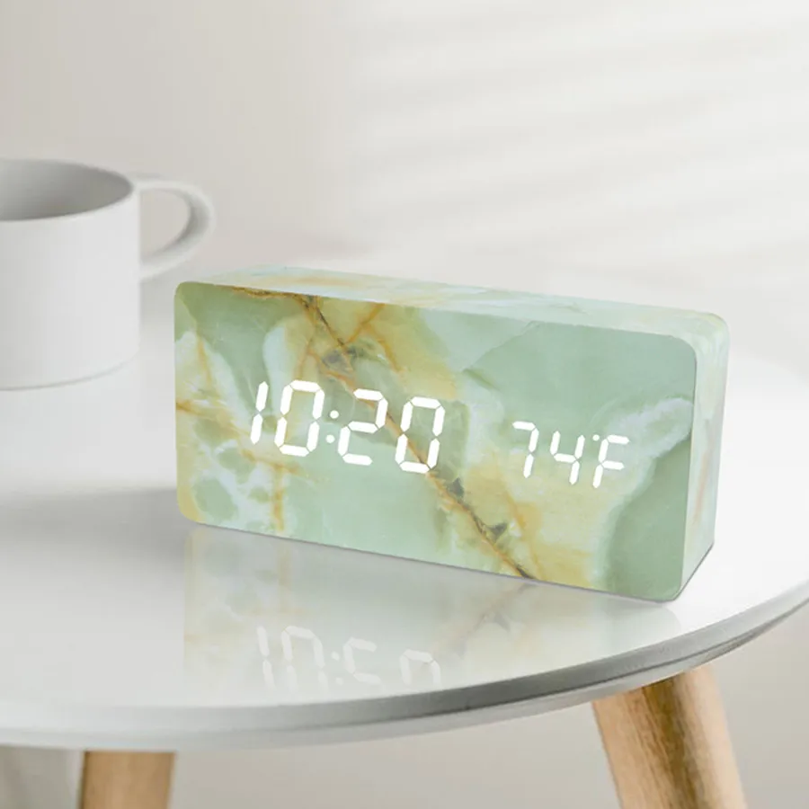 

Snooze Multifunction LED Alarm Clock Marble Digital Clock Acoustic Control Sensing Time Night Table Desktop Clock Despertador