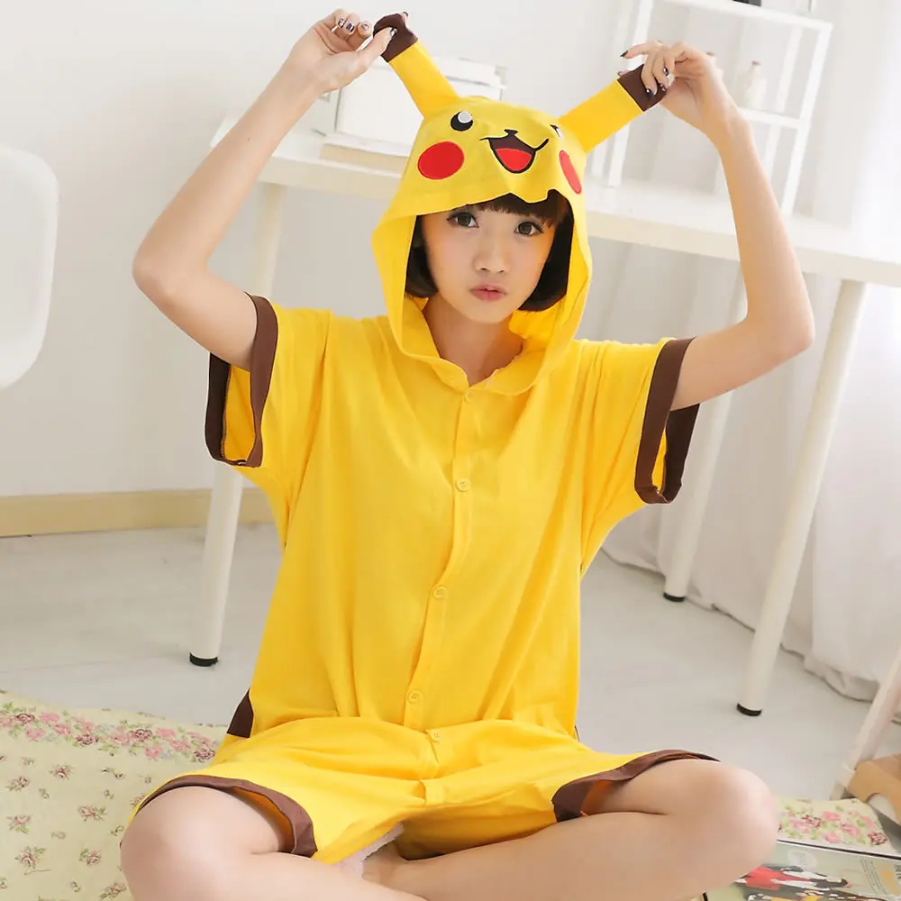 Adult Pikachu Pajamas Short Sleeve Animal Onesie Hoodie Pikachu Summer