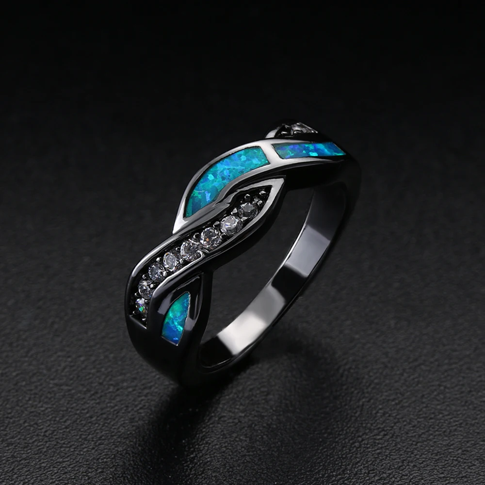 

NEW Vintage Black Gun Plated Wave Blue Opal Rings for Women Fashion Jewelry Party Crossed Zircon Cocktail Ring for Wedding Gift