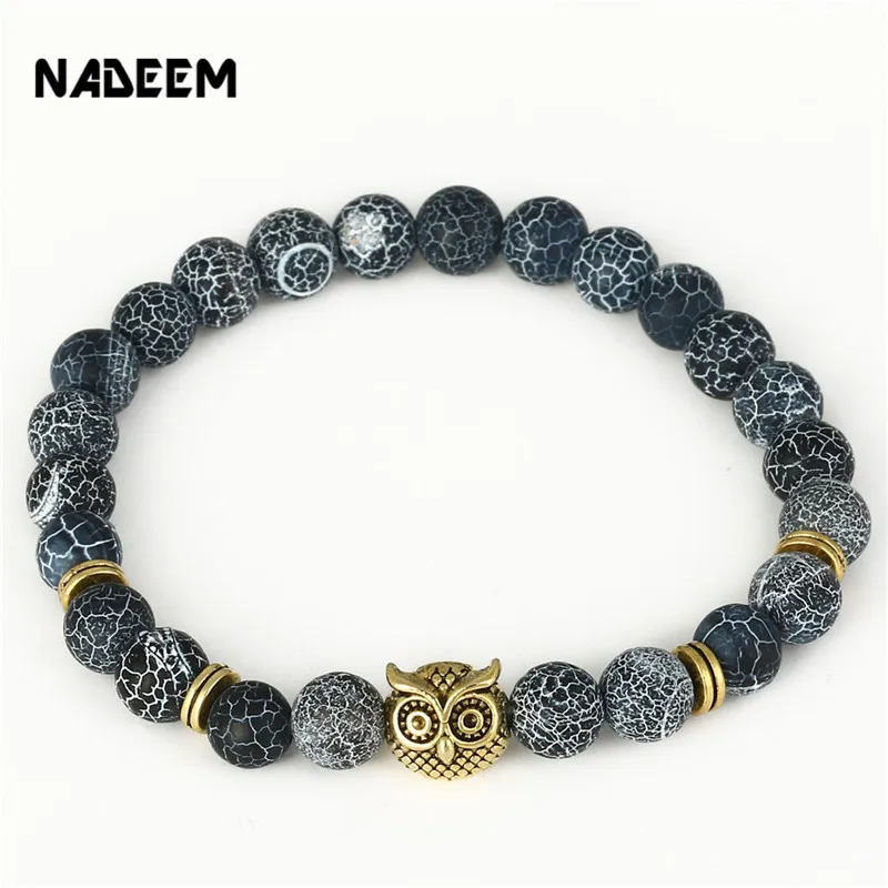 

2016 Designer Owl Head Charm Bead Bracelets Bangles Natural Crack Agate Stone Elastic Bracelet Yoga Jewelry Men Women ND4416