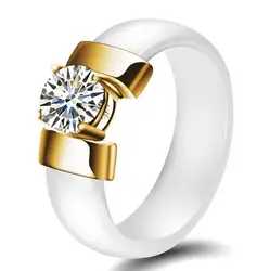 Elegant Gold Stainless Steel Women's Wedding Ring with Black and White Ceramic and Cubic Zirconia Accents - 6mm - 5 (3)