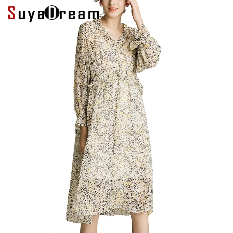 

Women Silk Dress 100%SILK Georgette Printed Dress Transparent Long Sleeved Calf length Casual Dresses for Women 2019 Spring