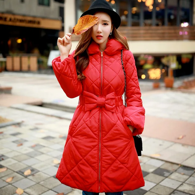 Cheap DABUWAWA 2016 Brand Winter Jacket Thick Plus Size Bow Slim Waisted Long-Sleeved Fashion Long Christmas Red Women Parka Wholesale