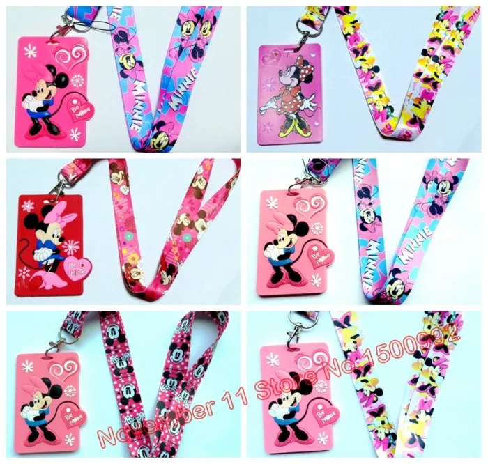 

Retail 1pcs Minnie cartoon Holder Identity Badge with Lanyard Neck Strap Card Bus ID Holders With Key Chain QW-631