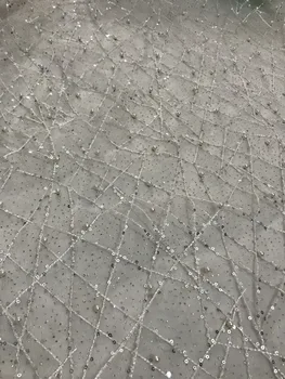 

Glued glitter sequins embroidery mesh tulLe lace fabric 5yards fashion beaded african lace fabrics wholesale for wedding party