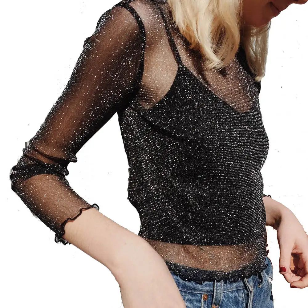 

Sexy Mesh Shiny Long Sleeve T Shirt Women Summer Transparent Club Party Black Tee Shirts Sexy Thin O Neck Short Tops #230481