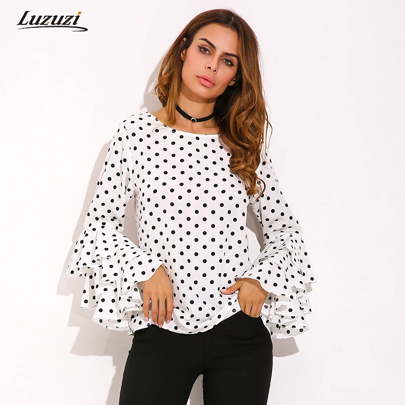 

Luzuzi 2019 New Women's Chiffon Wave Point Round Neck Long Sleeve Three Layer Lotus Leaf Sleeve Casual T Shirt CR3510