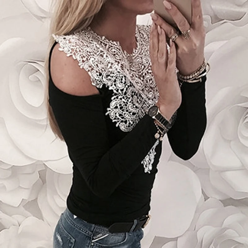 Women Off-shoulder Lace Stitching Tops Slim Casual Hollow Out O Neck T-shirt Sexy Patchwork Women Tee Shirt Tops